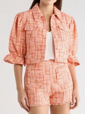 Cinq a Sept Lucie Boucle Julieta Puff Sleeve Jacket Pink Poppy Size 10 NWT New